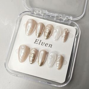 Elegant Pearl and Gold Handmade Shot Almond Press On Nails Set